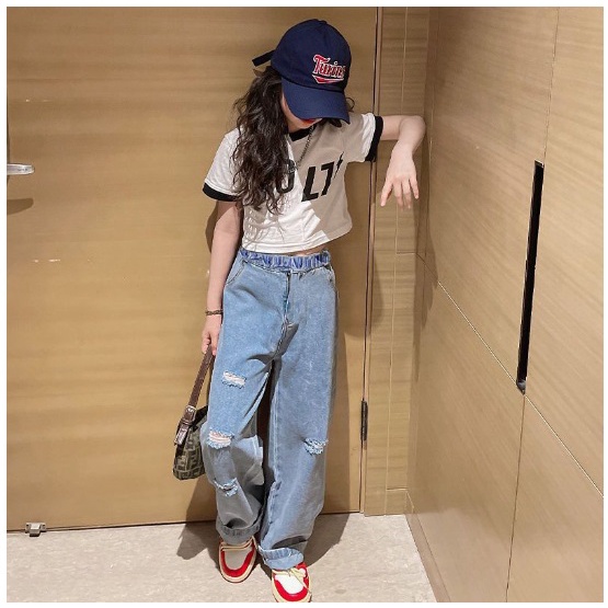 Setelan anak PEREMPUAN CROP SET import VOLT + CELANA JEANS TEBAL KEKINIAN setelan anak teenageR