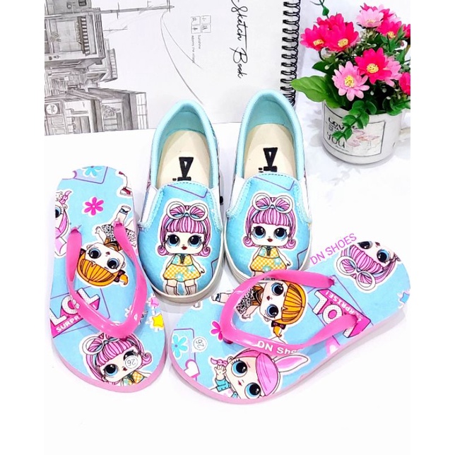 Paket Sepatu Anak Perempuan Sepatu dan Sandal jepit Anak Perempuan Slip on Anak Mutah Lucu Karakter LoL Biru