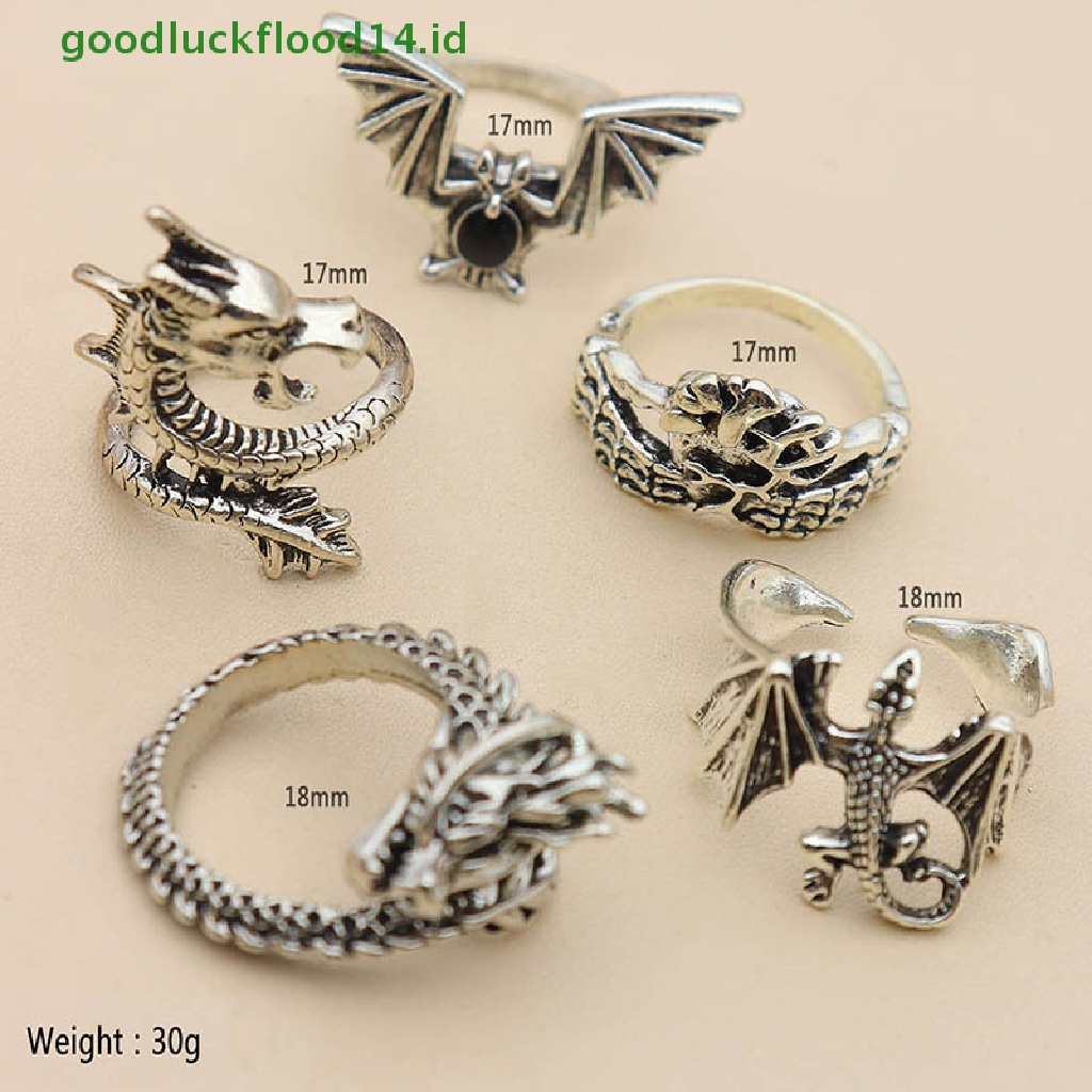 [GOOGFOUR] 5pcs/set Vintage Hip Hop Punk Naga Ular Kupu-Kupu Kelelawar Tengkorak Retro Knuckle Joint Rings Wanita Gothic Finger Ring Set Perhiasan Baru [TOP]