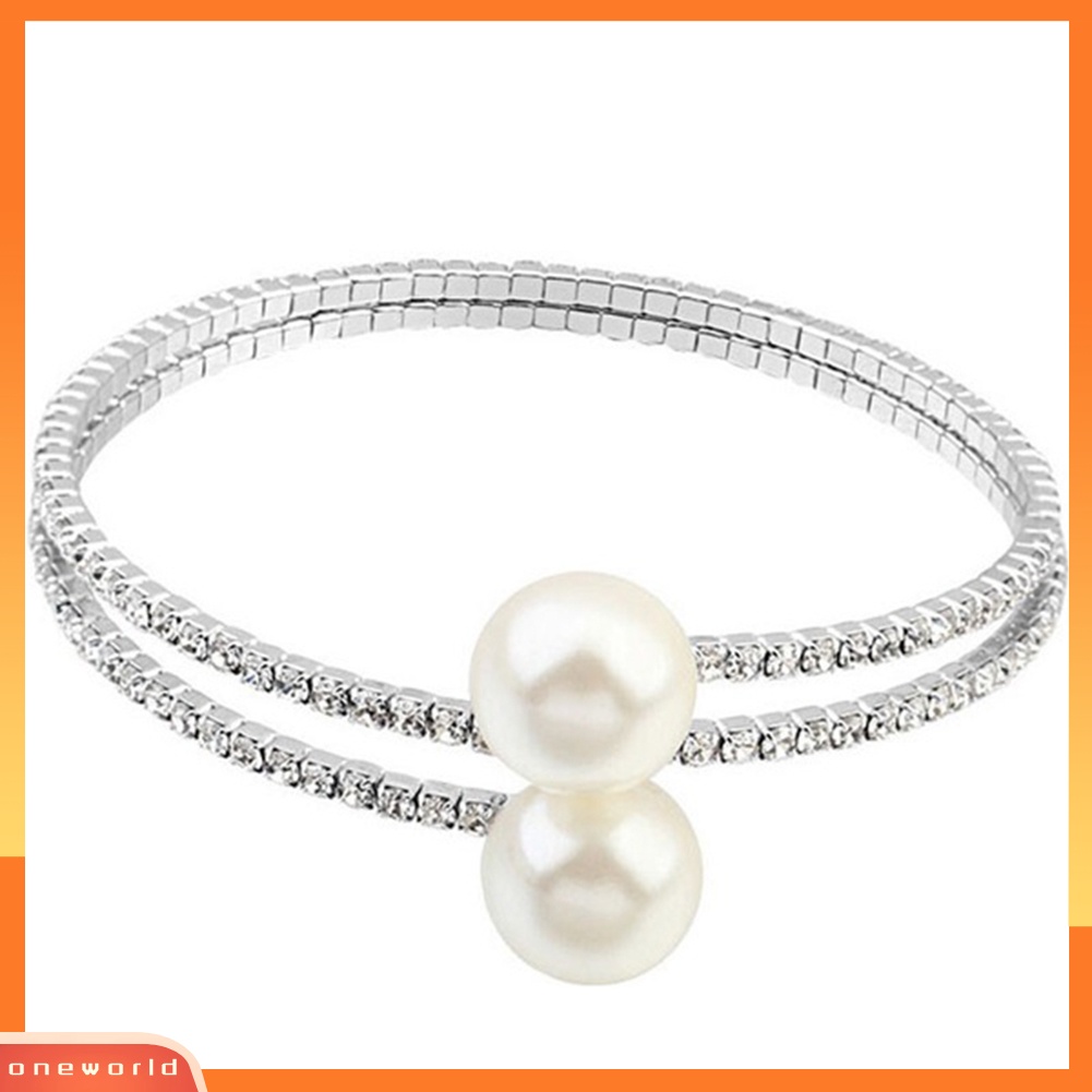 {oneworld} Wanita Penuh Berlian Imitasi Multi-layer Gelang Pergelangan Tangan Mutiara Imitasi Manset Terbuka Bangle