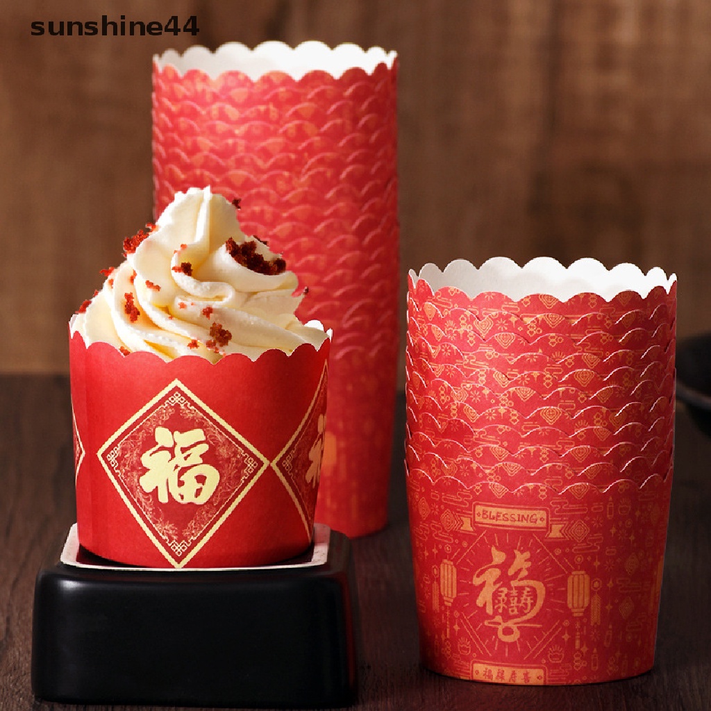 Sunshine 50Pcs Dekorasi Kue Imlek Pernikahan Ulang Tahun Spring Festival Pastry Cupcake Packaging Red Paper Cup.