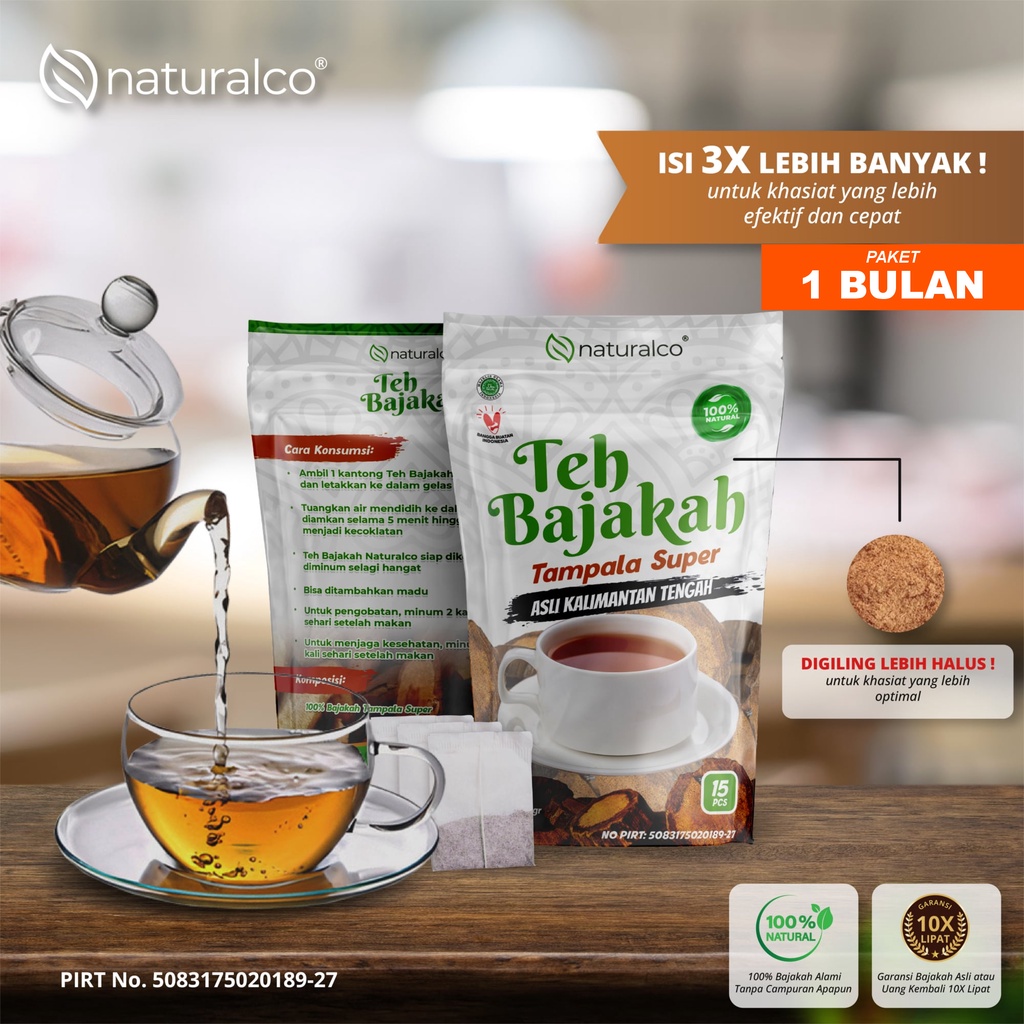 Teh Akar Bajakah Naturalco Tampala SUPER Asli | [Paket 1 Bulan] | Kualitas Terbaik 100% Akar Bajakah Asli Kalimantan Isi 4 Pouch (180 Pcs) | Isi 3X Lipat Lebih Banyak Tapi Lebih Hemat  60 Pcs x 3g, Netto 180g