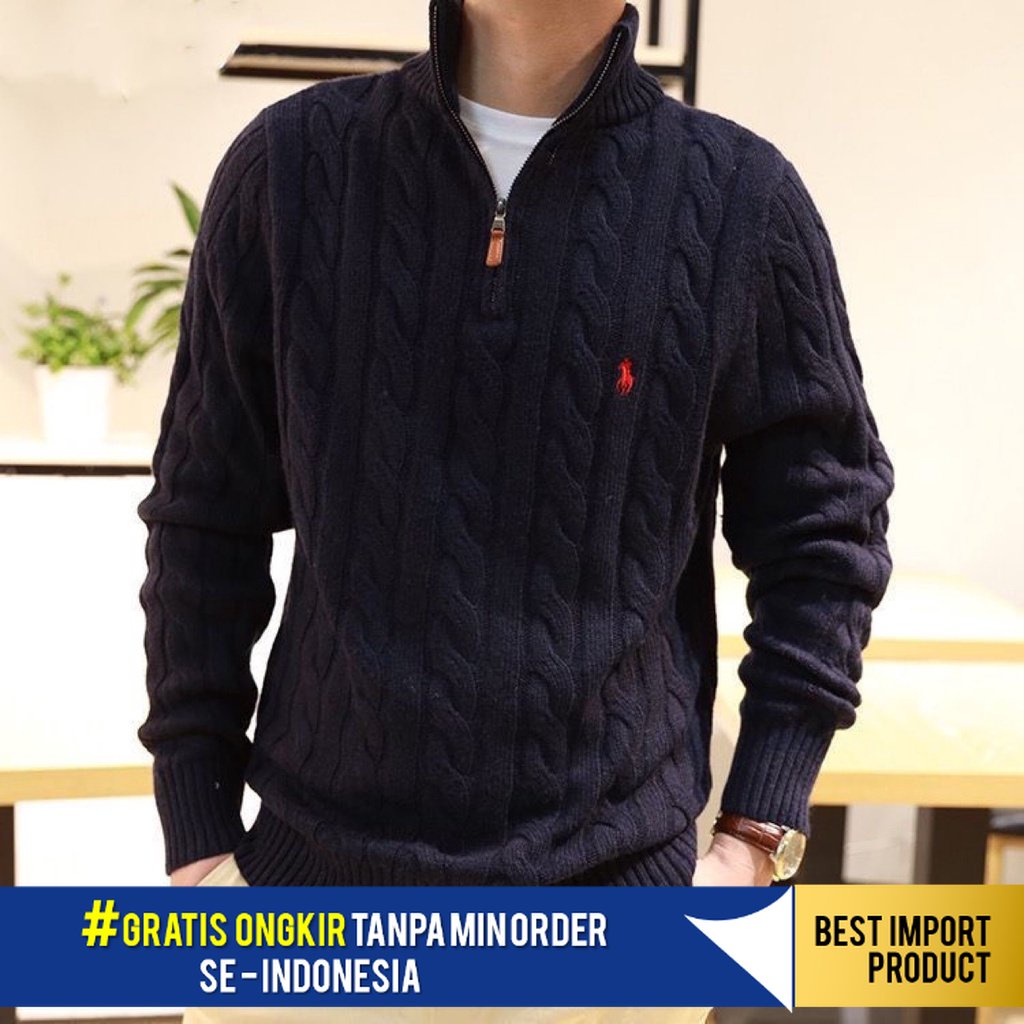 Cardigan Pria    Asli  Sweater Polo Kuda Logo Tebal Setengah Kerah Tinggi Ritsleting By Cable wol Sw