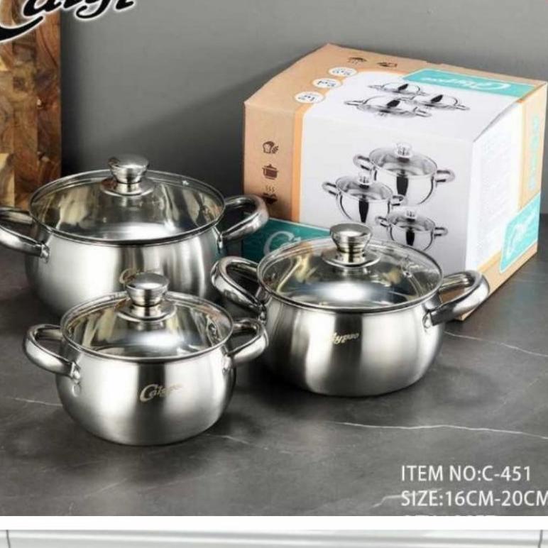 kode1h1Gv Panci Labu Stenliss Calypso Panci 1 Set isi 3 Pcs Tutup Kaca / panci kuah / panci bunga sa
