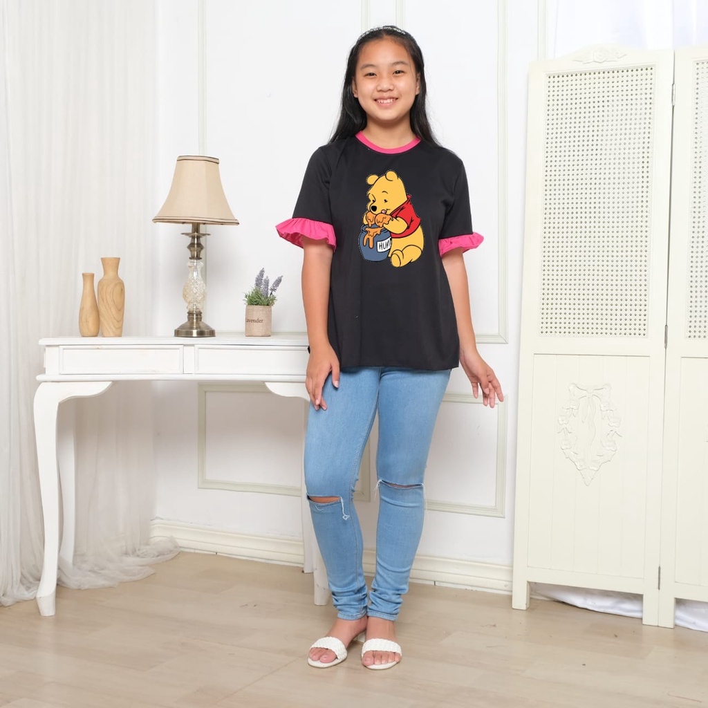 Hzl_outfit Kaos Baju Anak ABG Lengan Kerut Pendek Salma The Pooh Honey/ Atasan Kaos Anak ABG