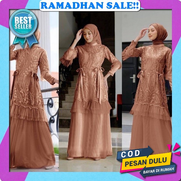 [ Rizkia Dress ] 1 Gamis Bisa 10 Gaya Korean Style Brokat Jumbo Tile Baju Gamis Pesta Mewah Elegan K