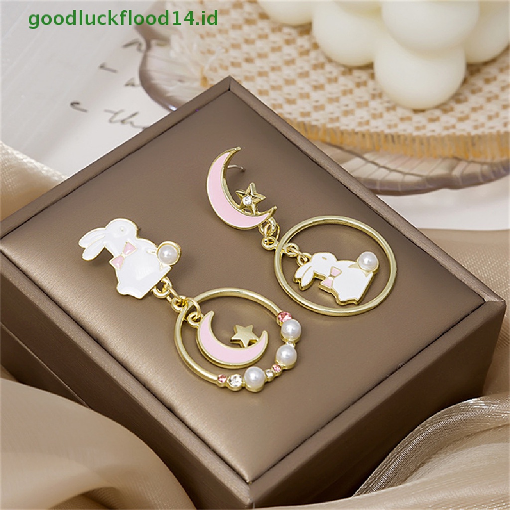 [GOOGFOUR] Lucu Fashion Asymmetric Rabbit Moon Star Stud Earrings Wanita Eardrop Perhiasan Pesta [TOP]