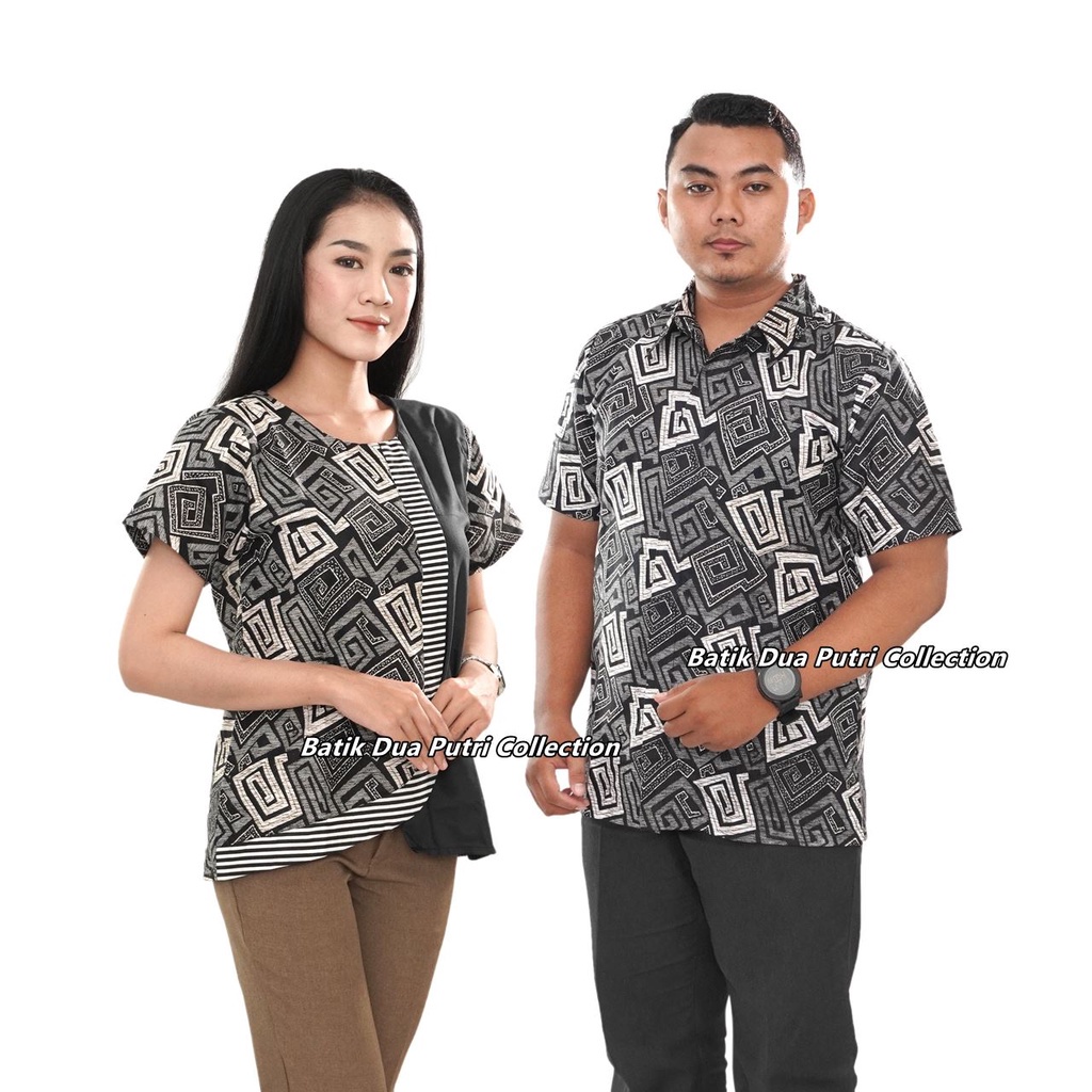 Couple Batik Atasan Wanita Kemeja Pria Lengan Pendek By Batik Dua Putri Collection -Kotak Gofur