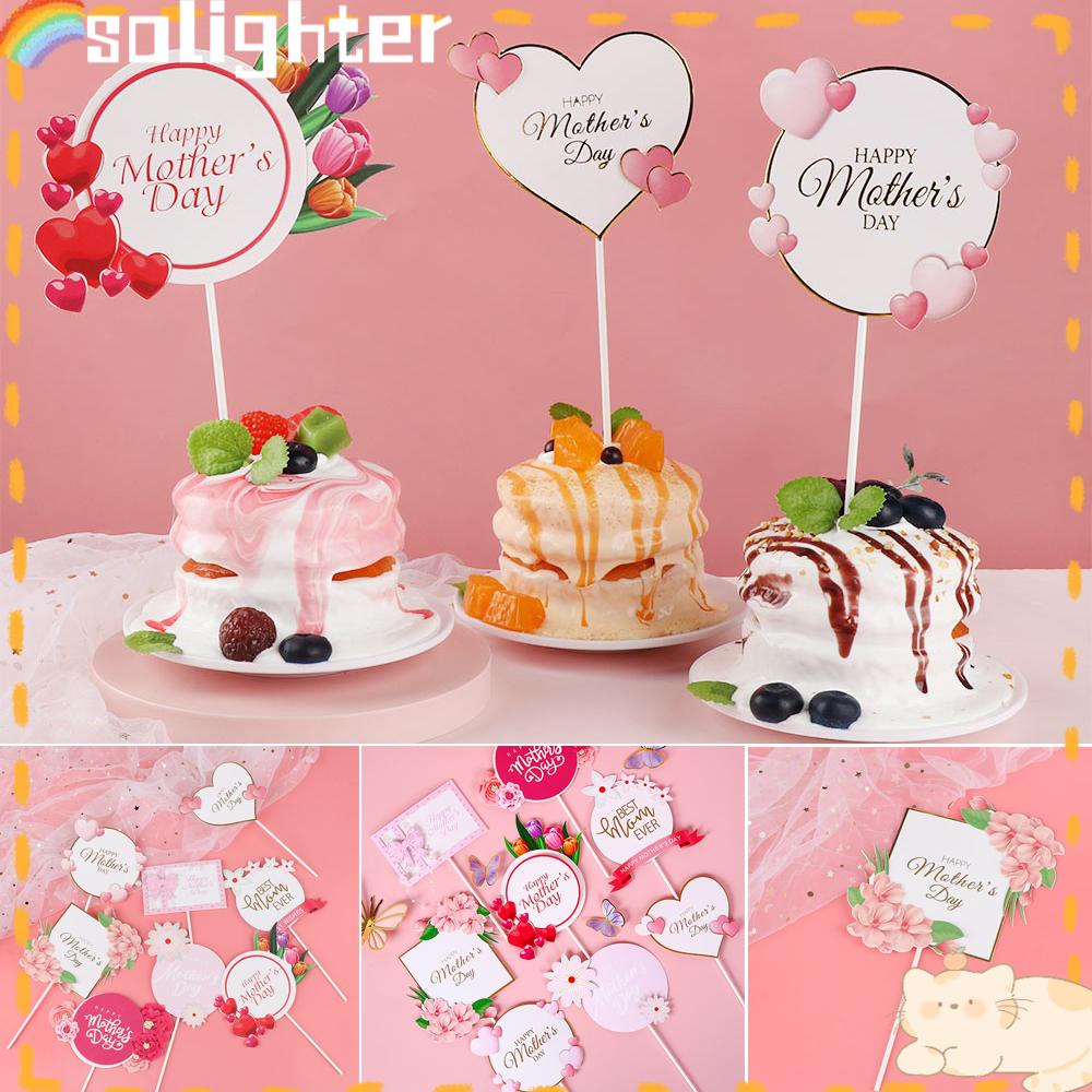 Solighter Happy Mother's Day Perlengkapan Hias Bunga Manis Hati Pink Dekor Kue