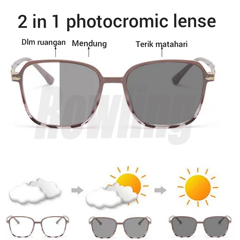 Rowling (Pc-326) 2 In 1 Kacamata lensa photocromic anti radiasi wanita pria kacamata bingkai Titanium Kotak Anti UV fotocromic