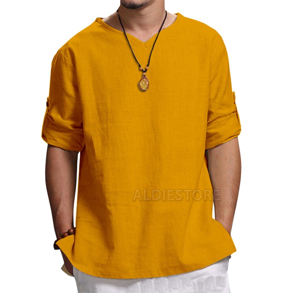 Baju Koko Pria Lengan Panjang 5/6 Koko IBRAHIM Mustard Polos Pakaian Muslim Pria