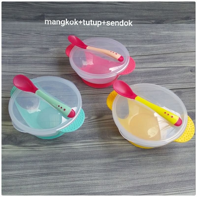 Mangkok MPASI + sendok sensor panas/Mangkok makan baby anti tumpah