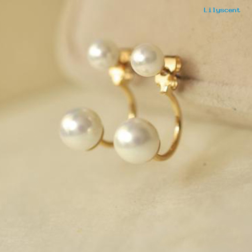 [LS] 1pasang Ear Stud Double Faux Pearl Chic Alloy Fashion Pernikahan Anting Untuk Wanita