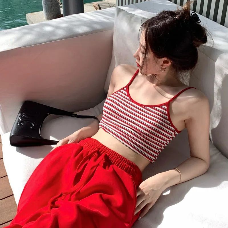 Retro Spice Girls Bergaris Kecil Kamisol Pakaian Wanita Pendek Musim Panas Gaya Chic Rajutan Bawah Kemeja Atasan