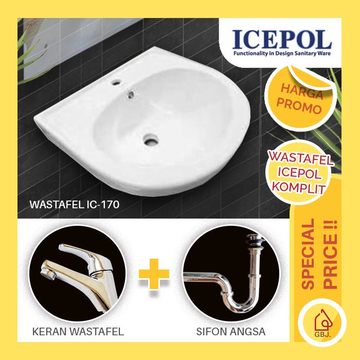PAKET WASTAFEL GANTUNG ICEPOL IC-170 KOMPLIT + KERAN PUSH UP + SIFON