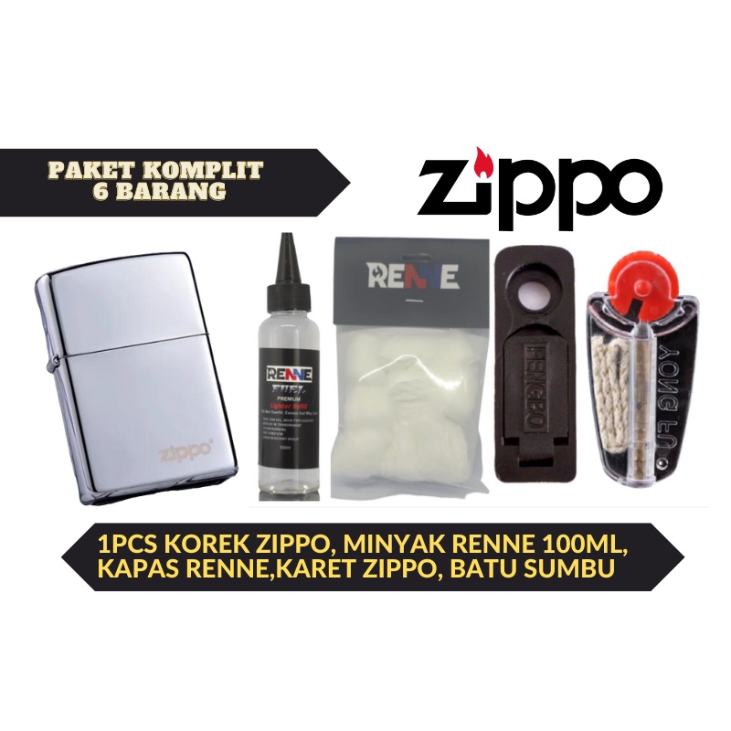 Paket lengkap Korek Api Zippo Silver Ice Logo plus minyak kapas batu sumbu karet tutup zippo