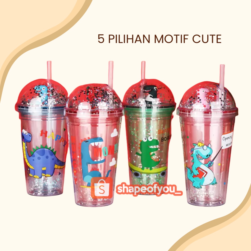 Botol minum Sedotan Tumbler Animal Dino Glitter 600ml Anti Tumpah Bpa Free