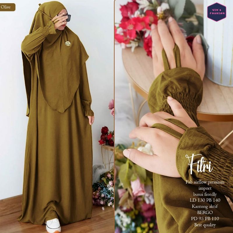 Fitri Set Bergo Lebaran Syari set hijab Free Hijab|| Gamis Set Bergo Airflow Premium TERLARIS