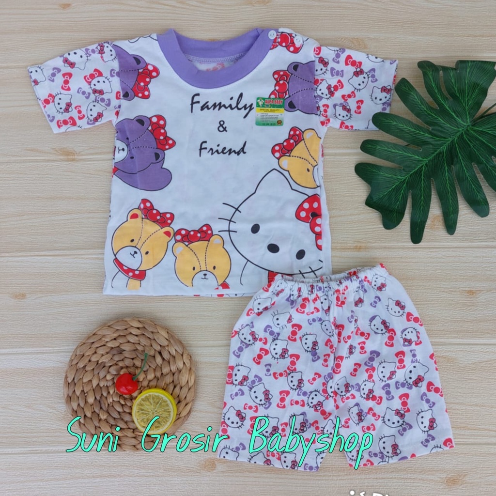 Setelan Piyama Lengan Pendek Motif Kity baju bayi anak Premium usia 3-12 bulan kancing