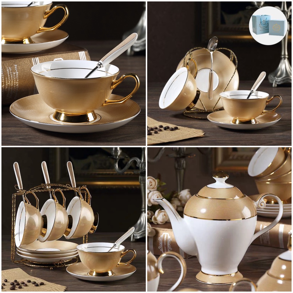 [Tyrant Gold] Cangkir Teko Gift Set Dengan Rak Mewah Keramik - Coffee Tea Pot Mug Minum Gelas Kopi E