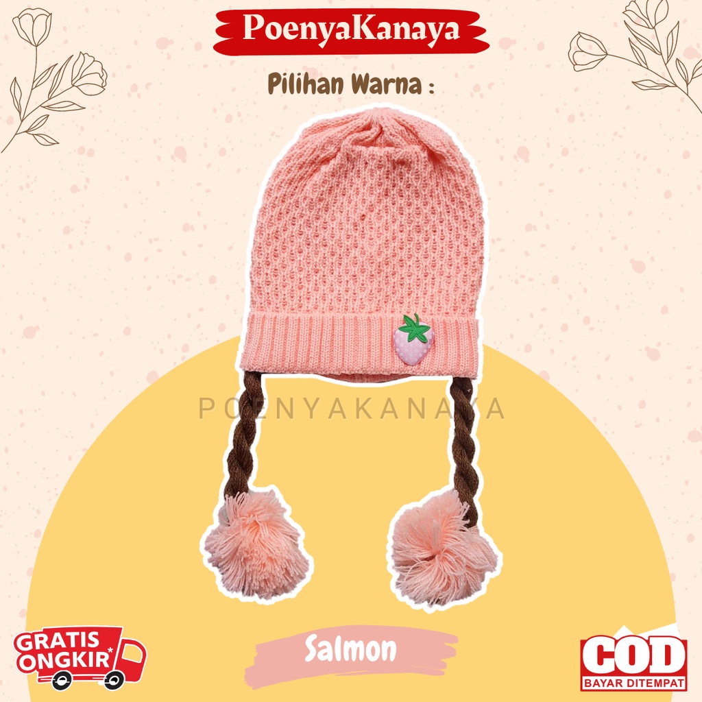 Topi Kupluk Bayi Rajut KEPANG STRAWBERRY Pompom Rajut Lucu Size 0-1 tahun TP33