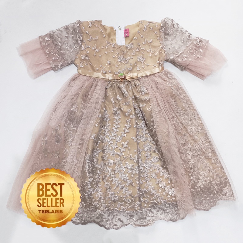 Dress Brukat Warna Sage Green 1 Tahun Gaun Import Pesta Anak Ukuran S M L Terbaru Baju Bayi 6 12 Bulan Bahan Brukat Tile Tulle KA138