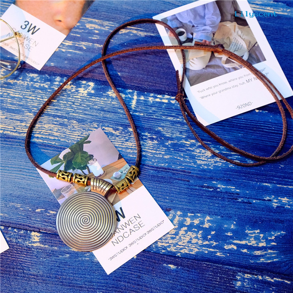 Ls Kalung Sweater Liontin Bulat Piringan Spiral Kulit Imitasi Etnik Wanita Vintage