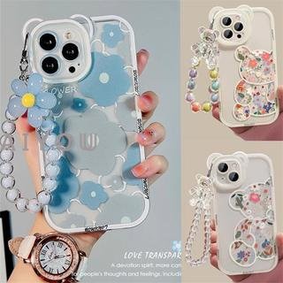 IPHONE Lucu 3D Pelangi Beruang Telinga Bunga Transparan Gantung Telepon Rantai Silikon Case Untuk Iphone14 13 12 11 Pro Max XR XS Bening Soft Cover