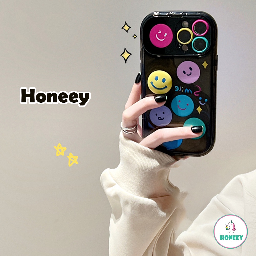 IPHONE Korea Wajah Tersenyum Emoji Tak Terlihat Flip Mirror Phone Case Kompatibel Untuk Iphone14 13 12 11 Pro Max Stand Holder Cermin Adjustable Lembut TPU Penutup Belakang