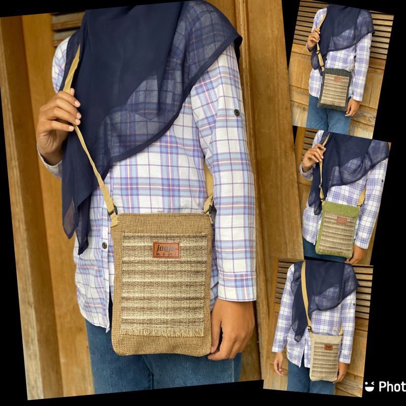 Tas Selempang Wanita Resleting Bahan Goni Tebal Polos Khas Jogja