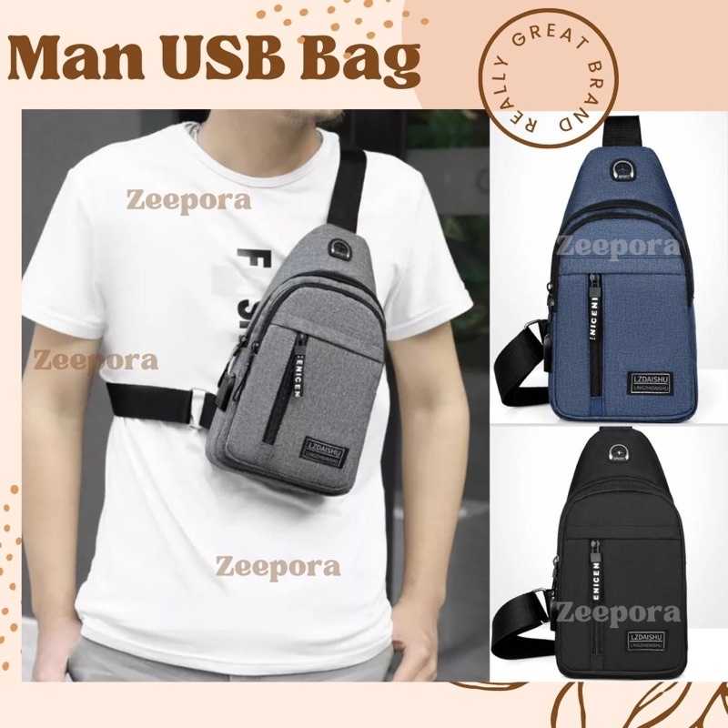 Tas pria tas cowok usb selempang waterproof waistbag dengan usb tas pria usb bag anti gores tahan air antiscretch