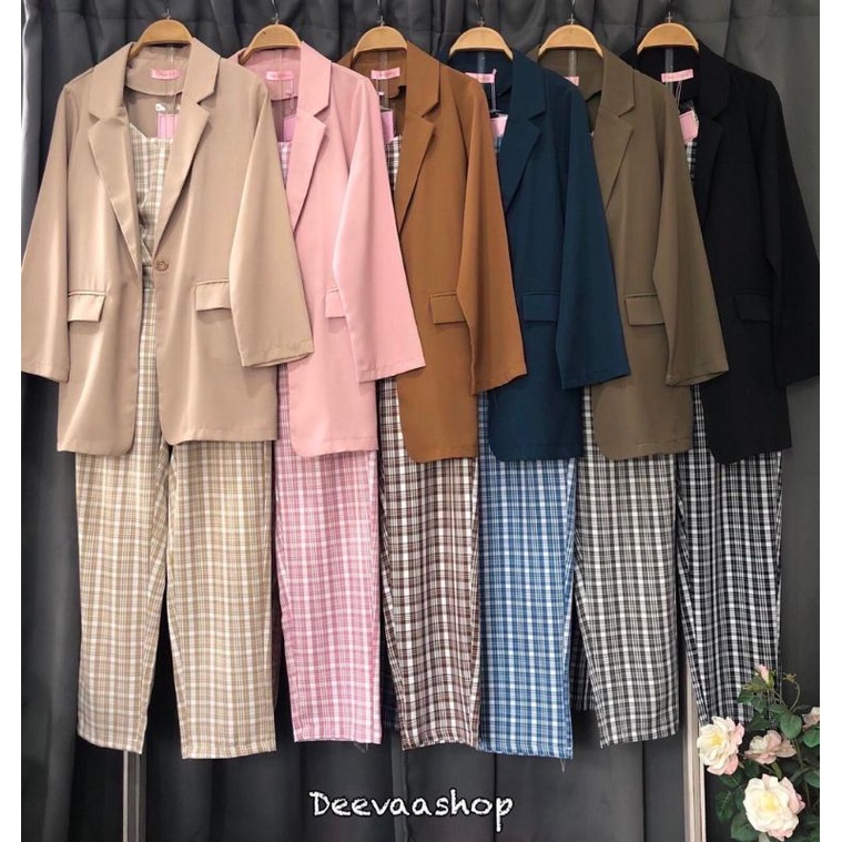 BJ - Set blazer 3 in 1 celana panjang motif kotak 9901 import bangkok | 370
