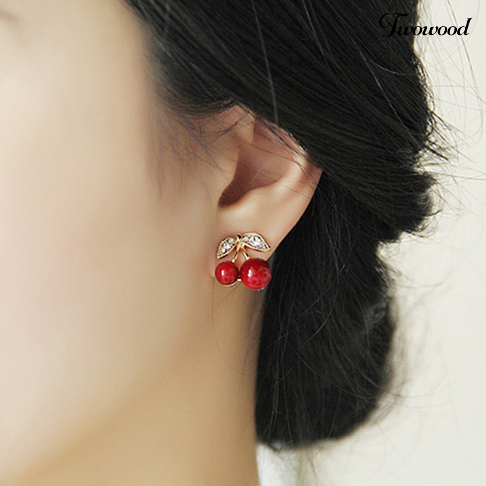 Duakayu Wanita Merah Cherry Bening Berlian Imitasi Telinga Studs Beads Golden Alloy Leaves Earrings