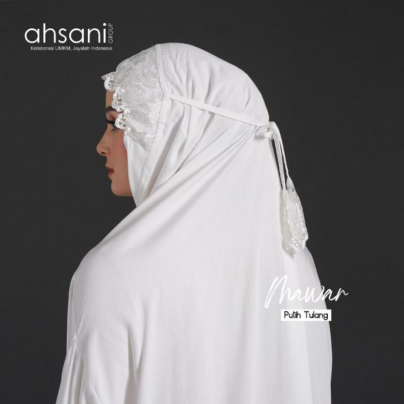 MUKENA AHSANI MAWAR A 20 MUKENAH TERUSAN RAYON TWILL PUTIH BERSIH FREE TAS BEHEL