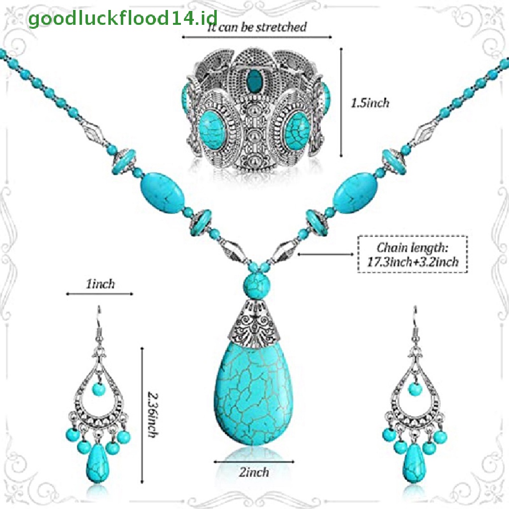 [GOOGFOUR] Vintage Perak Disepuh Turquoises Stone Pendant Kalung Bohemia Pernyataan Perhiasan Tetesan Air Logam Liontin Kalung Wanita [TOP]