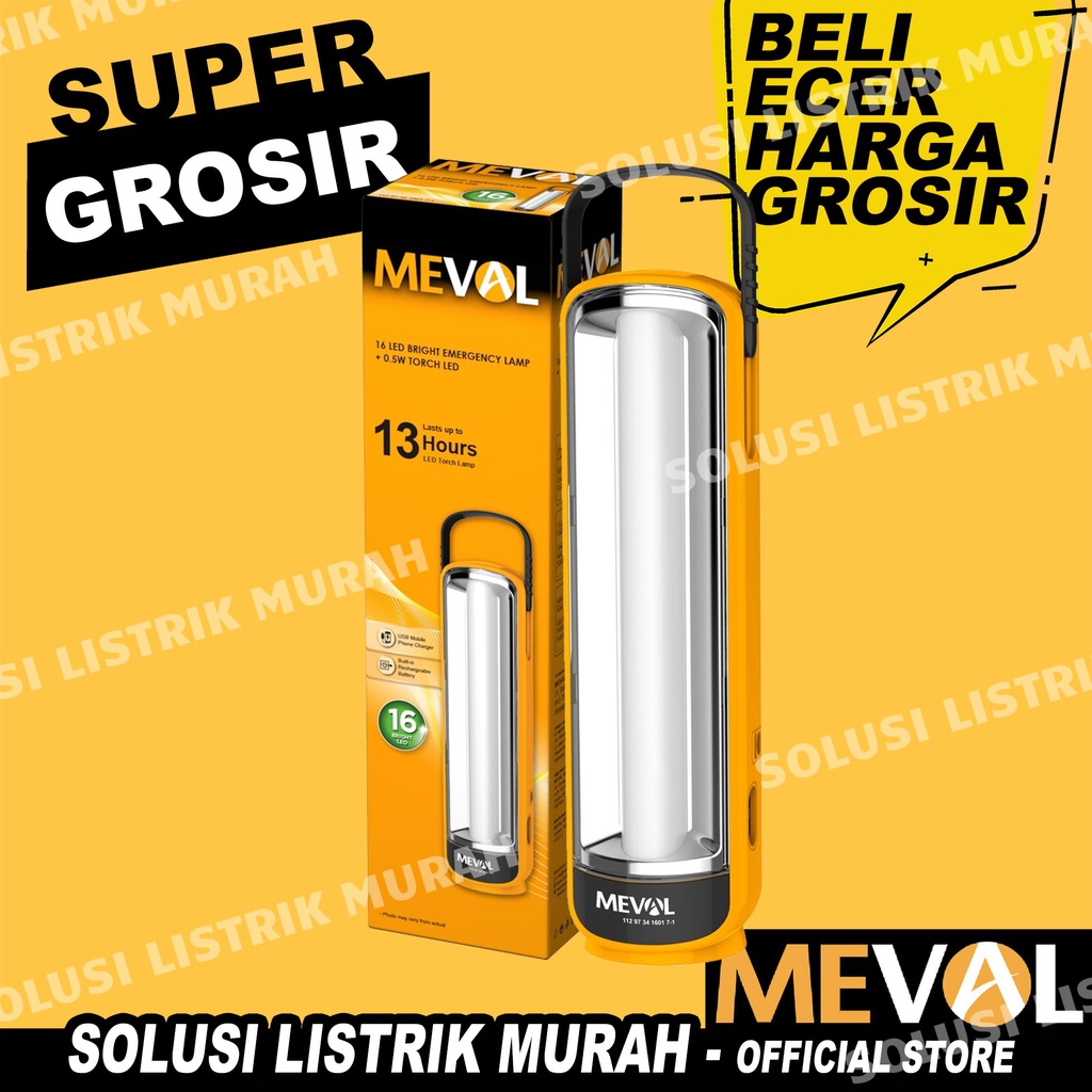 MEVAL 16 BRIGHT LED EMERGENCY LAMP + SENTER Cas Charge Baterai Isi Ulang