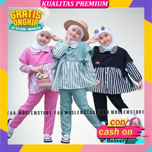 Zalia Set Kids 3 In 1 Atasan + Outer Dan Celana 11 12 13 14 Tahun Pakaian Anak Perempuan Cewe Baju A