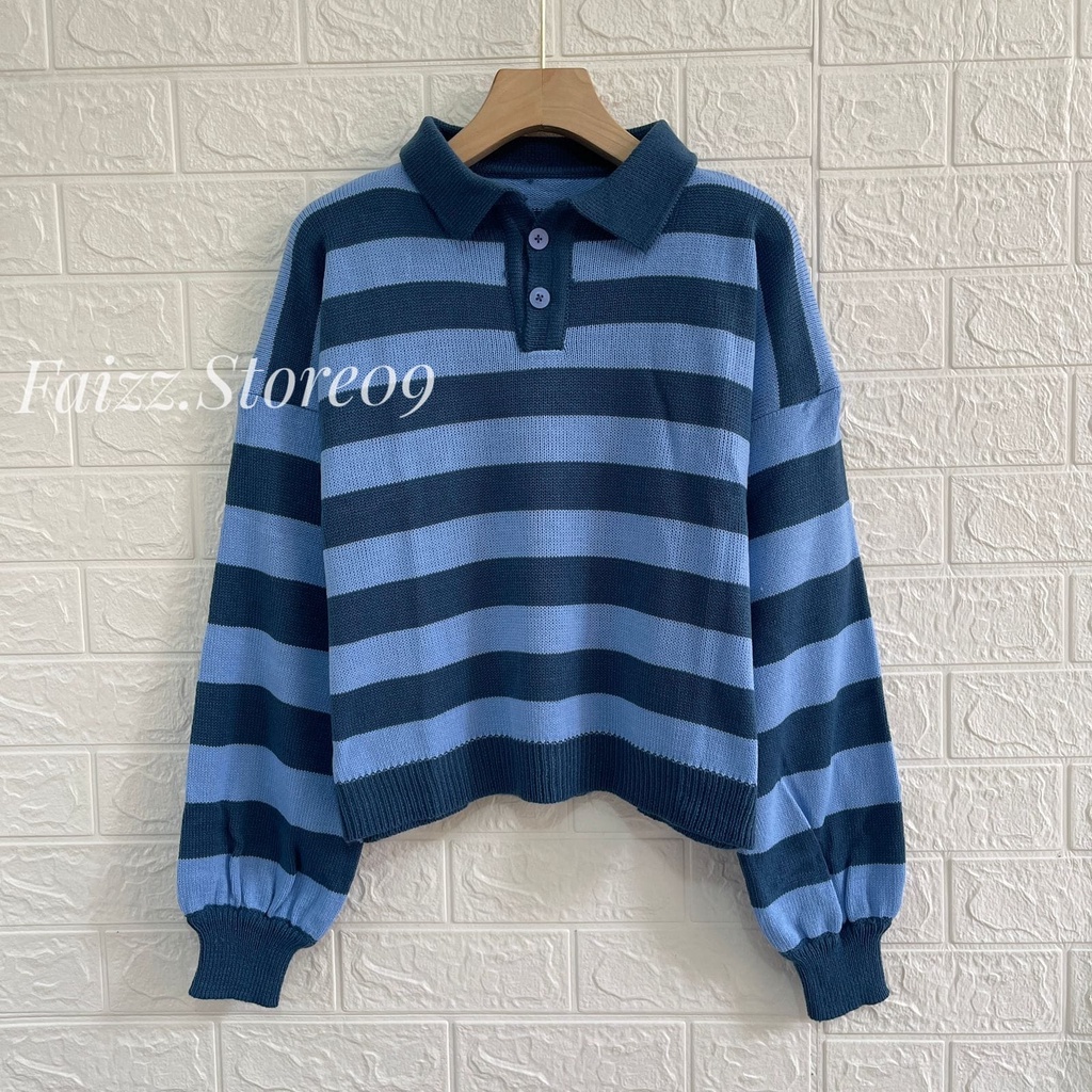 POLO SWEATER RIKA BLASTER BLOUSE STRIPPE LENGAN PANJANG