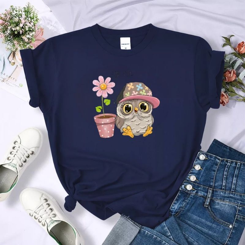 Kaos Wanita Baju Oblong Atasan Lengan Pendek Cewek Cotton Owl Tshirt Oversize Distro Fashion Cod