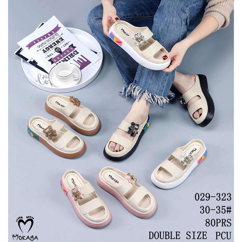Sandal Slop Wanita dan Anak Cewek Ban 2 Big Bear Pita Gold Platform Tebal Empuk Simple Casual Super Keren Trendy Import Mokaya / Size 30-41 (029-322/-323)