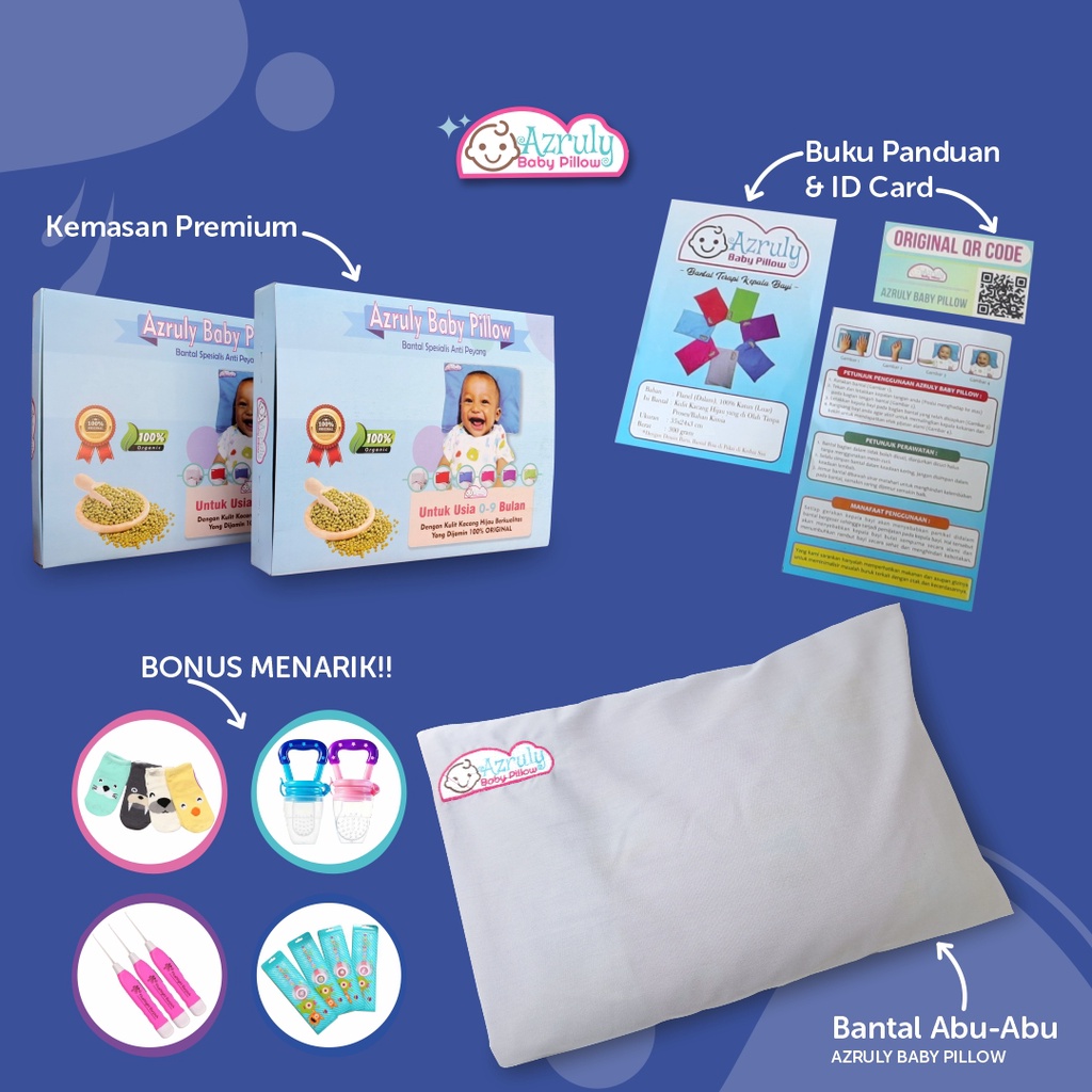 Azruly Baby Pillow + Baby Diaper Skrit (Celana Anti Ngombol) - Bantal Kesehatan Bayi Anti Peyang OPSIMOM | 2 PCS