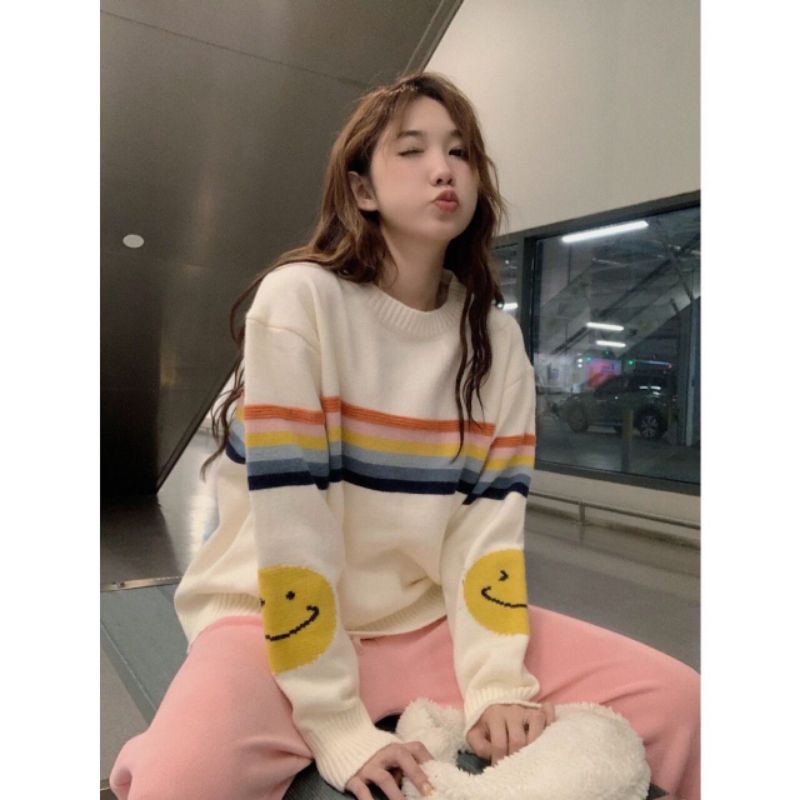 QUEEN SAKURA - Q20186BL - RAINBOW SMILE KNIT SWEATER IMPORT - SWEATER RAJUT PREMIUM CASUAL KOREA WAN