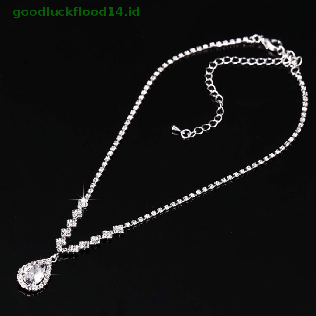 [GOOGFOUR] Vintage Kristal Tetesan Air Liontin Kalung Anting Perak Set Perhiasan Pernikahan [TOP]