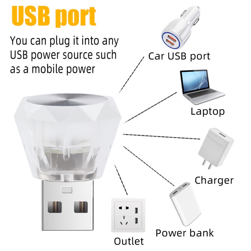 Lampu Malam USB Mini Lampu Suasana Mobil/Bohlam Bentuk Berlian Penerangan Kamar