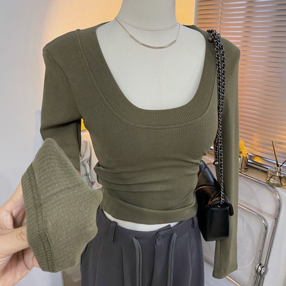 Red Ini sangat bagus untuk dipakai di dalam dan di luar ~ rendah U-neck garis leher besar pit strip bulu hangat pendek pullover T-shirt musim dingin wanita kemeja bottoming