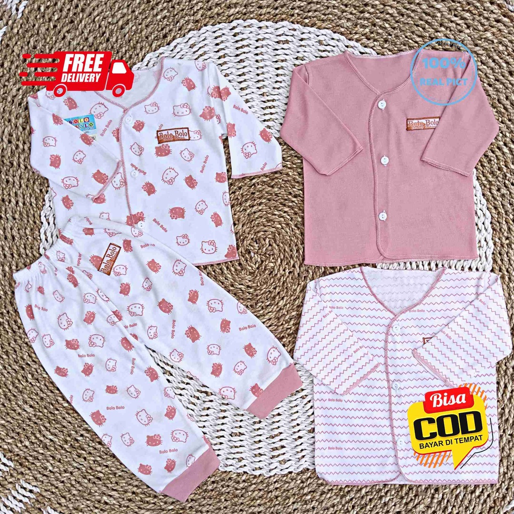 SALE 7.7 Serian Dusty - 3 Stel Setelan Baju Bayi Tangan Panjang Celana Panjang Bayi 0 sd 3 Bulan PINK DUSTY SERIES merk SNI Bolo - Bolo