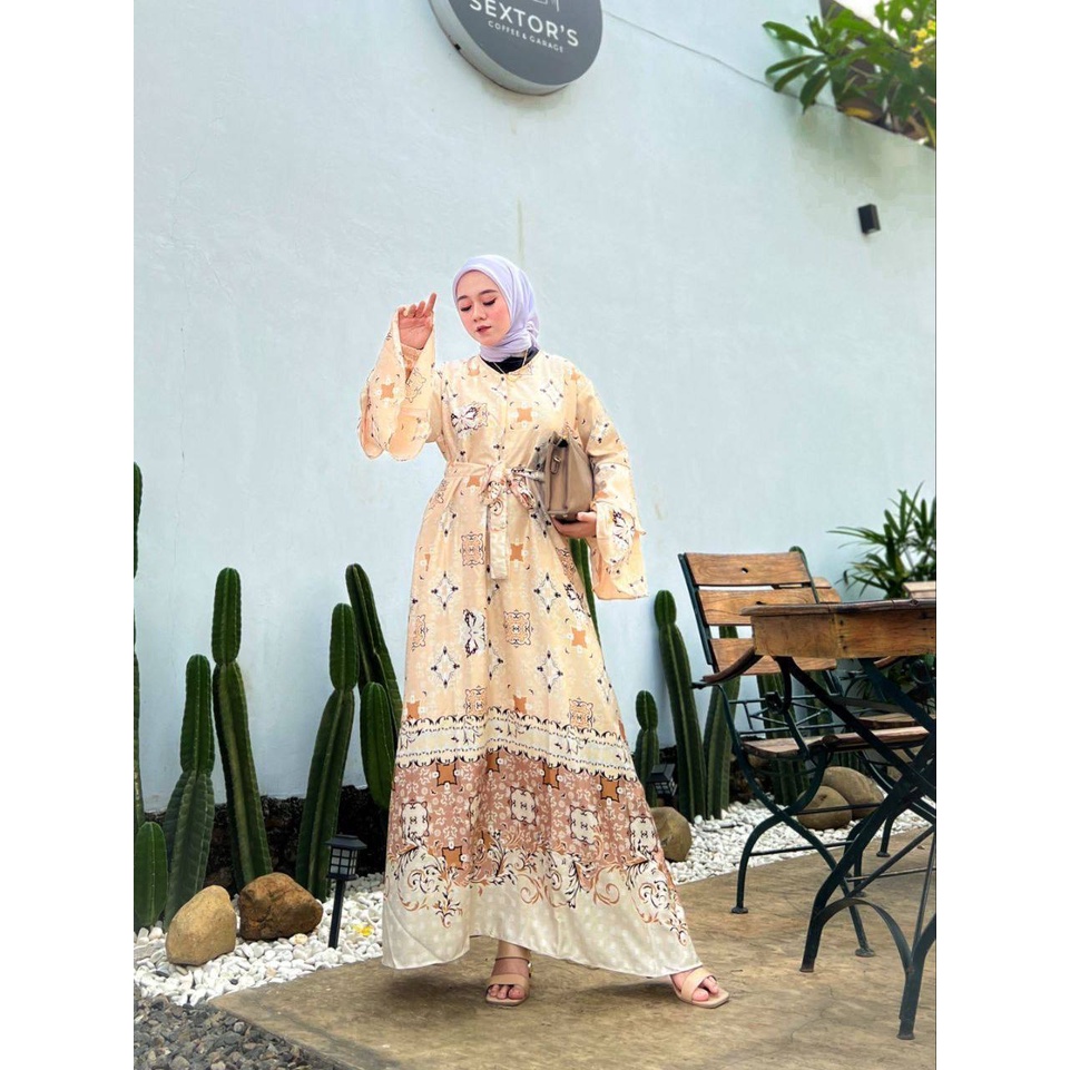 Harera Gamis Terbaru Diora Silk Dress Wanita Lengan Terompet Tumpuk Panjang Maxidress Kekinian LD 110 cm