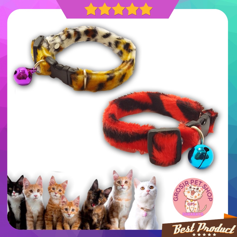 Kalung kucing anjing kelinci premium motif kulit berbulu lonceng 14 mm ecer grosir aksesoris hewan peliharaan