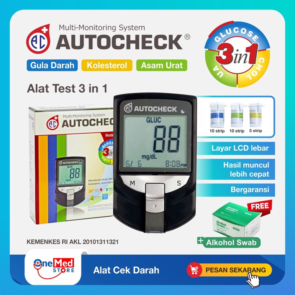 Alat Cek Gula Darah Asam Urat Kolesterol Autocheck 3in1 Bonus Alkohol Swab OJ2