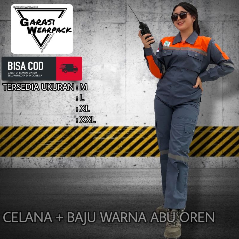 Baju dan Celana stelan/ pakaian kerja/ Proyek / Safety First/ K3/ abu oren